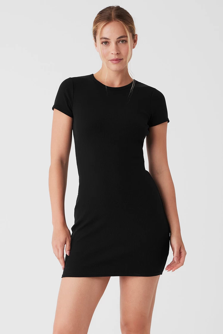 Aloyoga Goddess Ribbed Short Sleeve Dress - Black