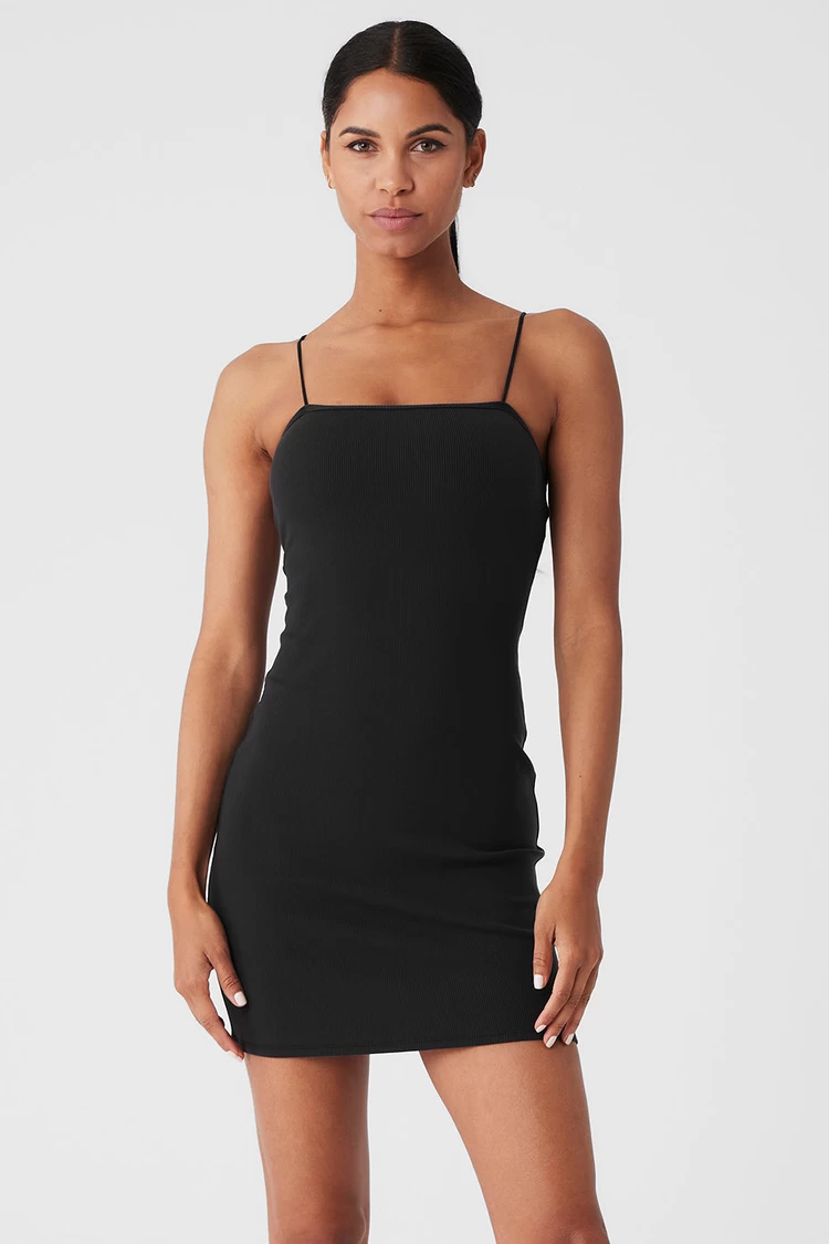 Aloyoga Goddess Ribbed Spaghetti Strap Dress - Black