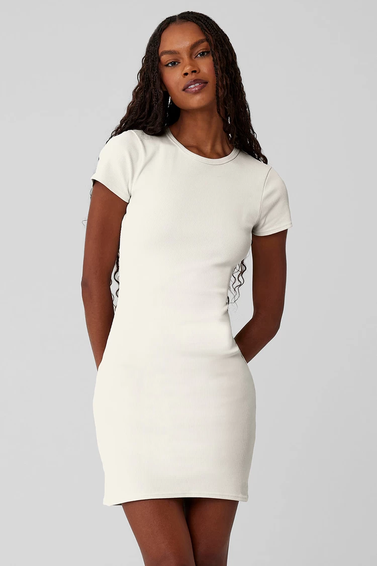 Aloyoga Goddess Ribbed Short Sleeve Dress - Ivory