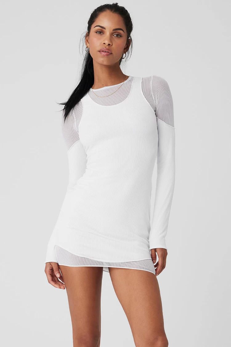 Aloyoga Striped Mesh Synergy Long Sleeve Dress - White