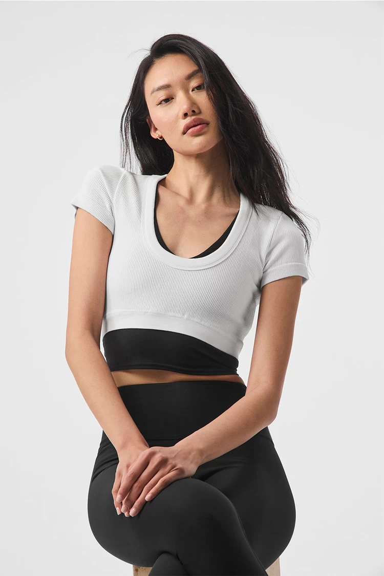 Aloyoga Seamless Ribbed Cropped Serene Short Sleeve - White