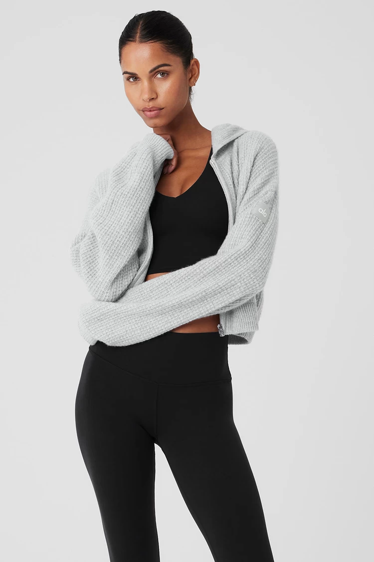 Aloyoga Cashmere Plush Waffle Full Zip Hoodie - Athletic Heather Grey
