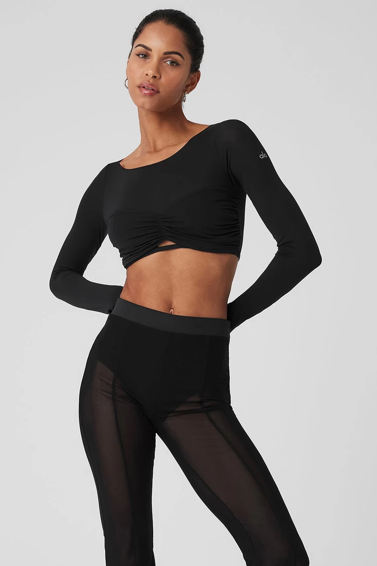 Aloyoga Mesh Sheer Illusion Cropped Long Sleeve - Black