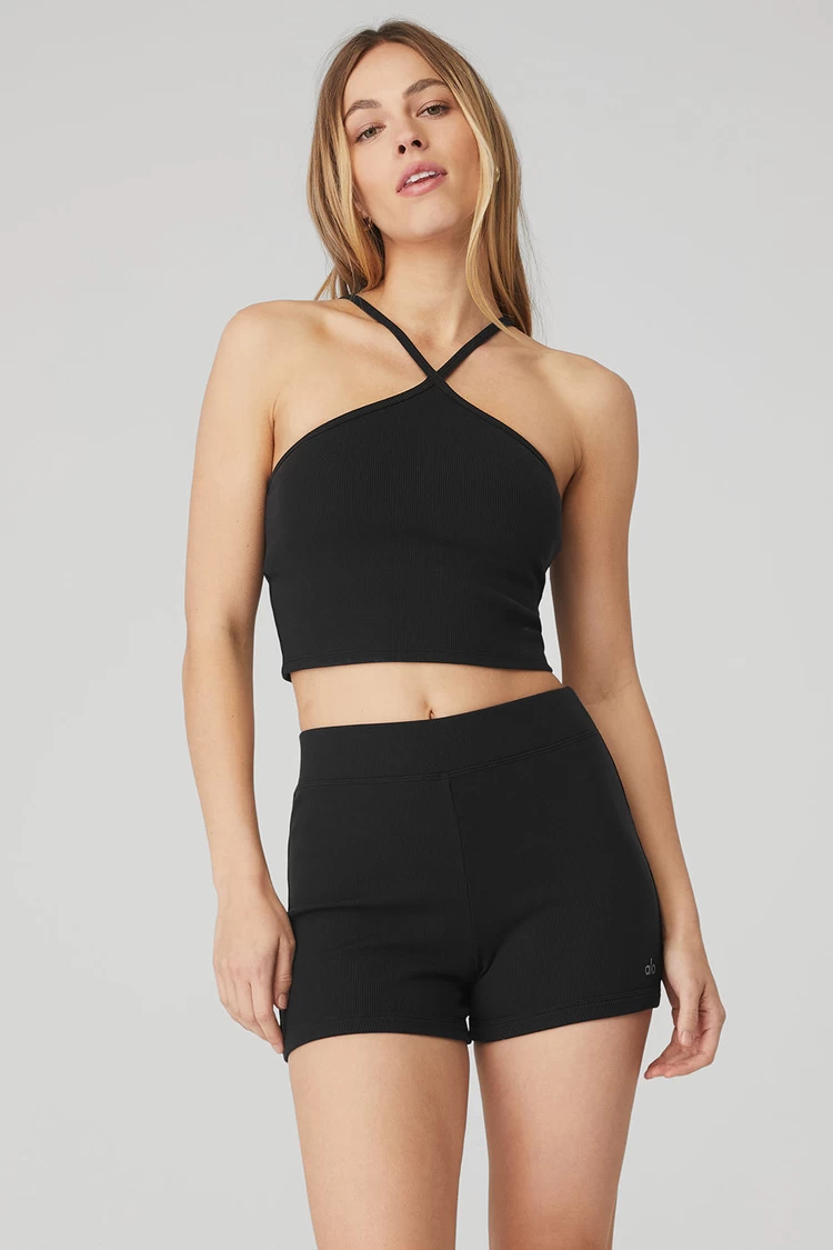 Aloyoga Goddess Geripptes, überkreuztes Crop-Top – Schwarz