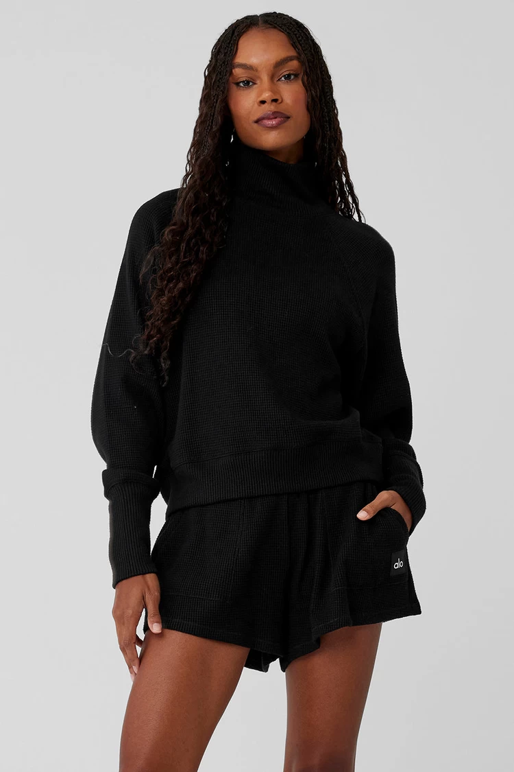 Alo Yoga Waffle Weekend Escape Stehkragen-Langarmshirt – Schwarz