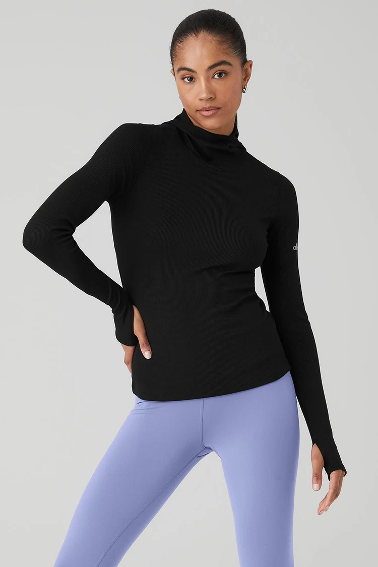 Alo Yoga Alosoft Ribbed Front Runner Lengan Panjang - Hitam