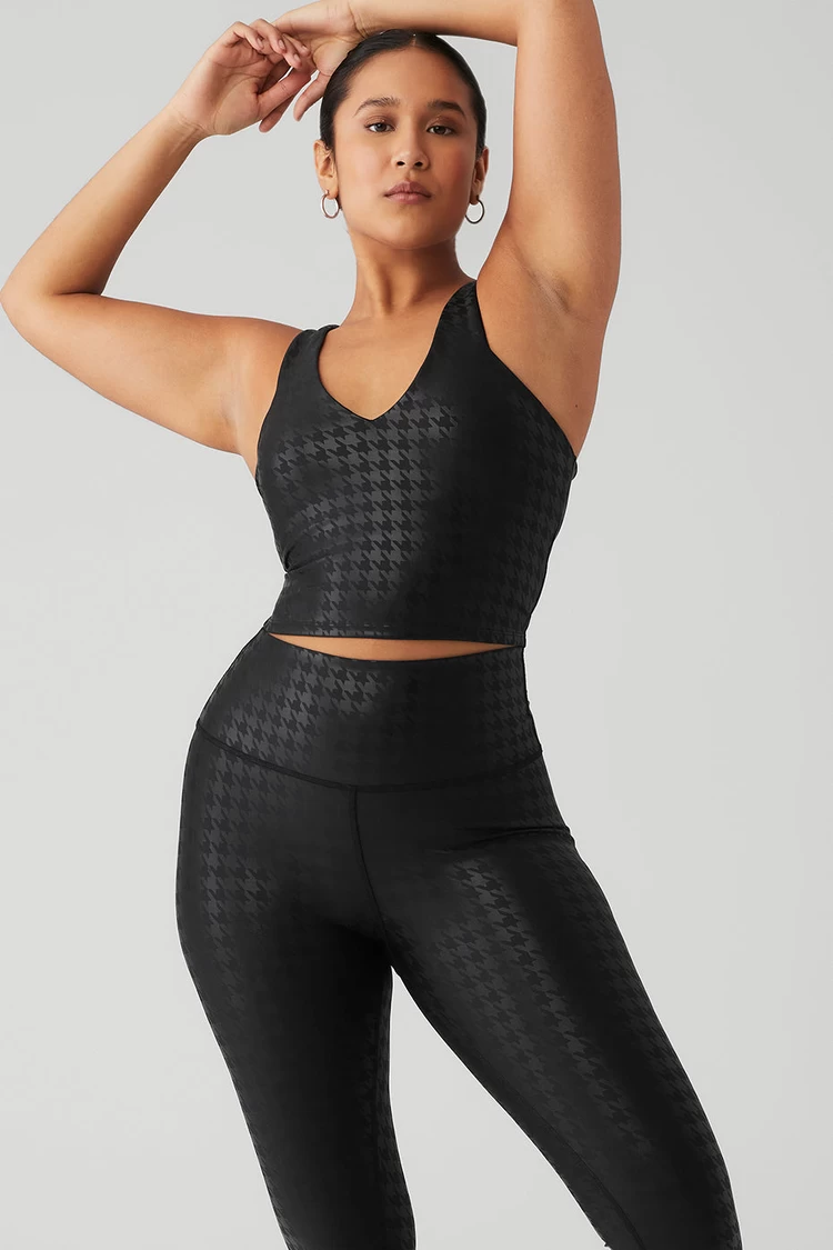 Alo Yoga Airlift Glimmer Houndstooth Echt-BH-Tanktop – Schwarz