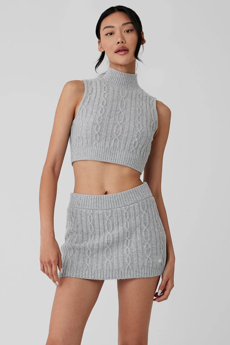 Aloyoga Cable Knit Winter Bliss Mock Neck Tank - Atletik Heather Abu-abu