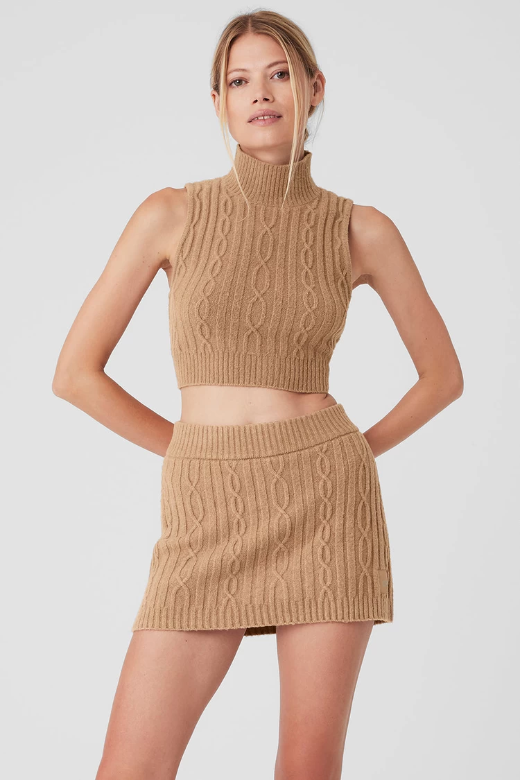 Alo Yoga Cable Knit Winter Bliss Mock Neck Tank - Almond Panggang