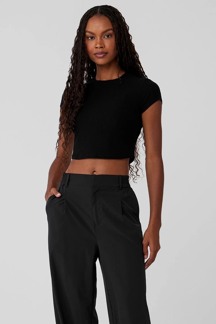 Aloyoga Ribbed Sea Coast Cropped Short Sleeve Tee - Black