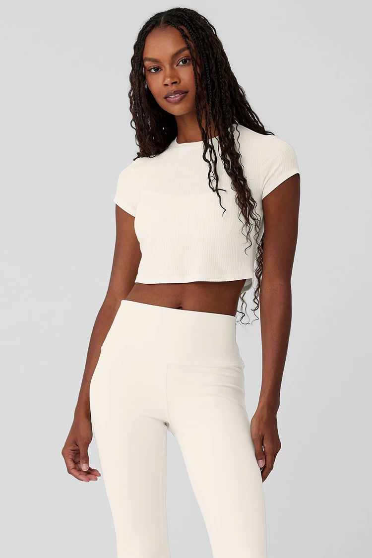 Aloyoga Ribbed Sea Coast Cropped Short Sleeve Tee - Ivory