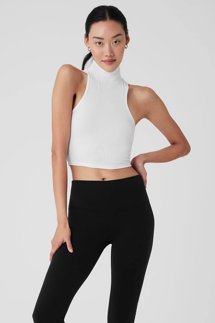 Aloyoga Ribbed Sea Coast Cropped Turtleneck Tank - White