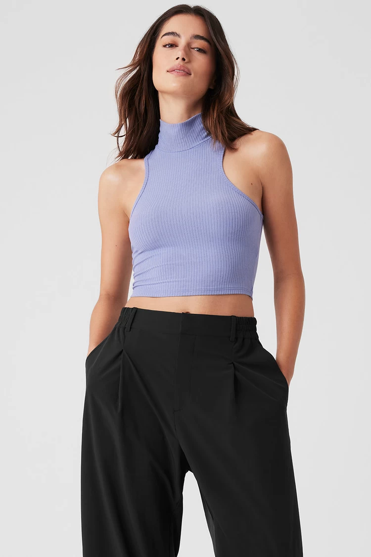 Aloyoga Ribbed Sea Coast Cropped Turtleneck Tank - Lilac Blue