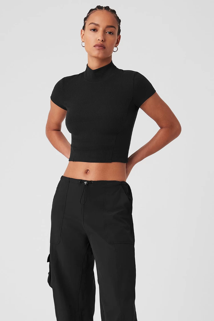Aloyoga Wellness Rib Mock Neck Polished Short Sleeve - Black