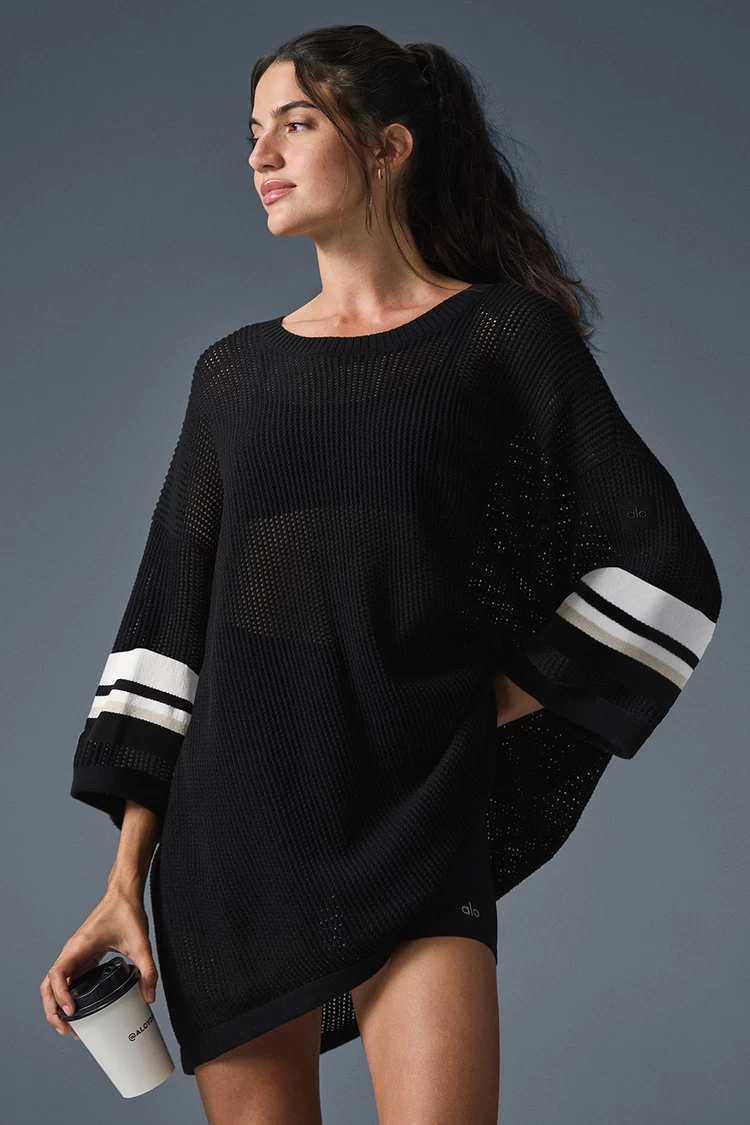 Aloyoga Open Knit Playoff-Trikot – Schwarz/Knochen